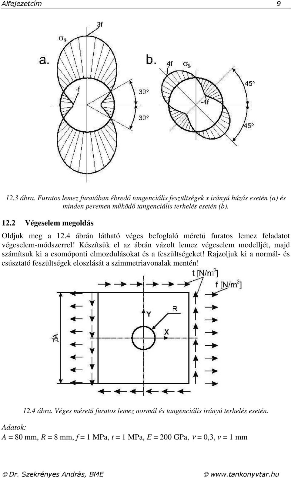 Készítsük el az ábán vázolt lemez végeselem modelljét, majd számítsuk ki a csomóponti elmozdulásokat és a feszültségeket!