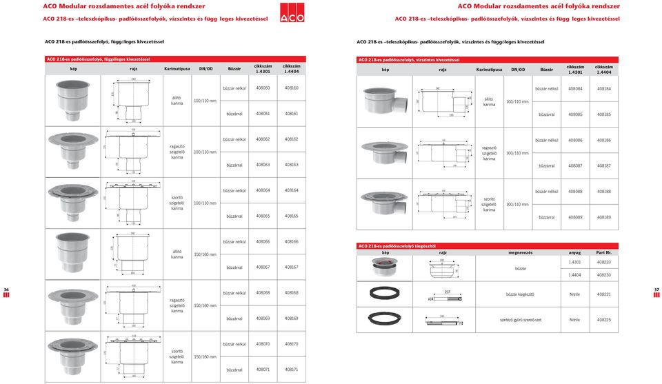 DN/OD űzzár CO -es padlóösszefolyó, vízszintes kivezetéssel Karimatípusa DN/OD űzzár bűzzár nélkül 08060 08160 bűzzár nélkül 0808 0818 170 állító 100/ mm 17 98 állító 100/ mm 98 bűzzárral 08061 08161