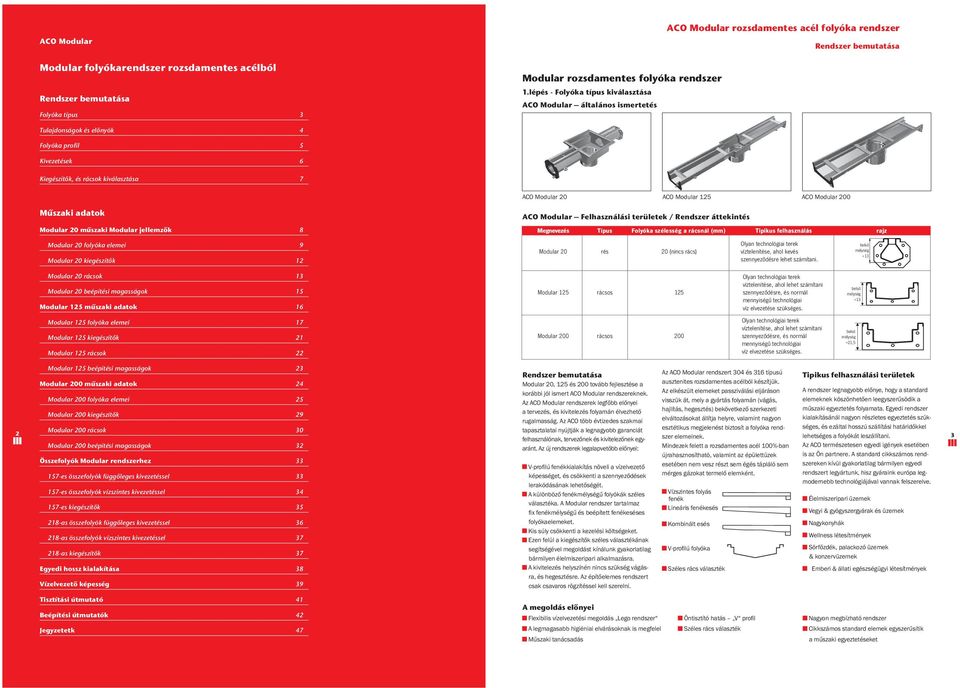 szaki adatok CO Modular Felhasználási területek / Rendszer áttekintés Modular 0 m szaki Modular jellemz k 8 Megnevezés Típus Folyóka szélesség a nál (mm) Tipikus felhasználás Modular 0 folyóka elemei