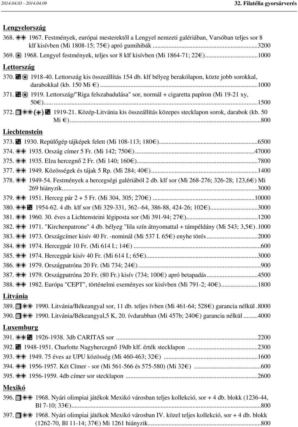 150 Mi )...1000 371. 1919. Lettország/"Riga felszabadulása" sor, normál + cigaretta papíron (Mi 19-21 xy, 50 )......1500 372. 1919-21.