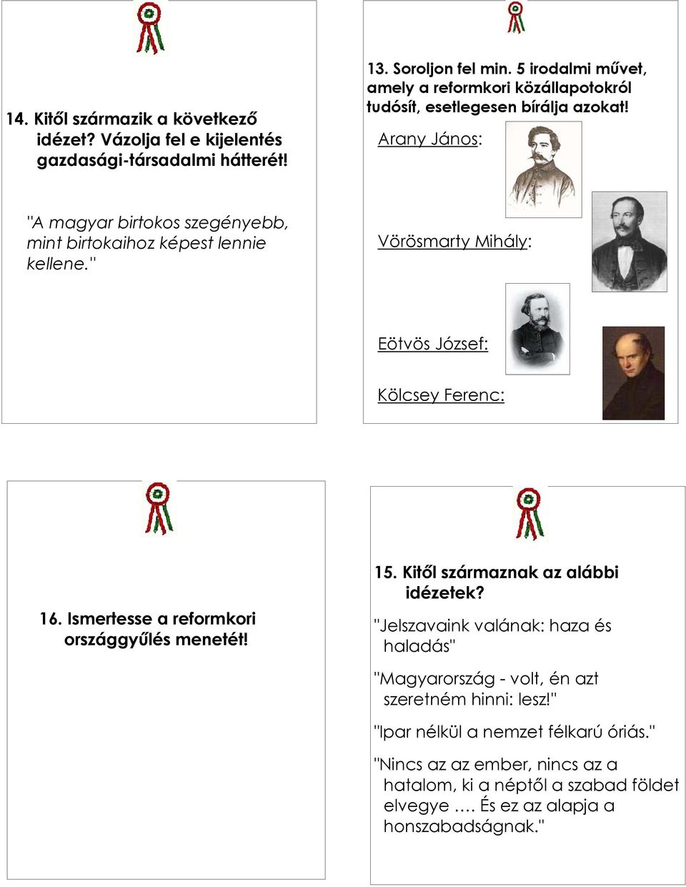 Arany János: "A magyar birtokos szegényebb, mint birtokaihoz képest lennie kellene." Vörösmarty Mihály: Eötvös József: Kölcsey Ferenc: 16.