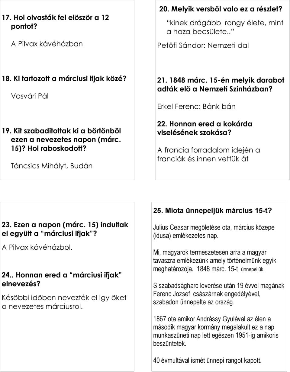 15-én melyik darabot adták elö a Nemzeti Szinházban? Erkel Ferenc: Bánk bán 22. Honnan ered a kokárda viselésének szokása? A francia forradalom idején a franciák és innen vettük át 25.