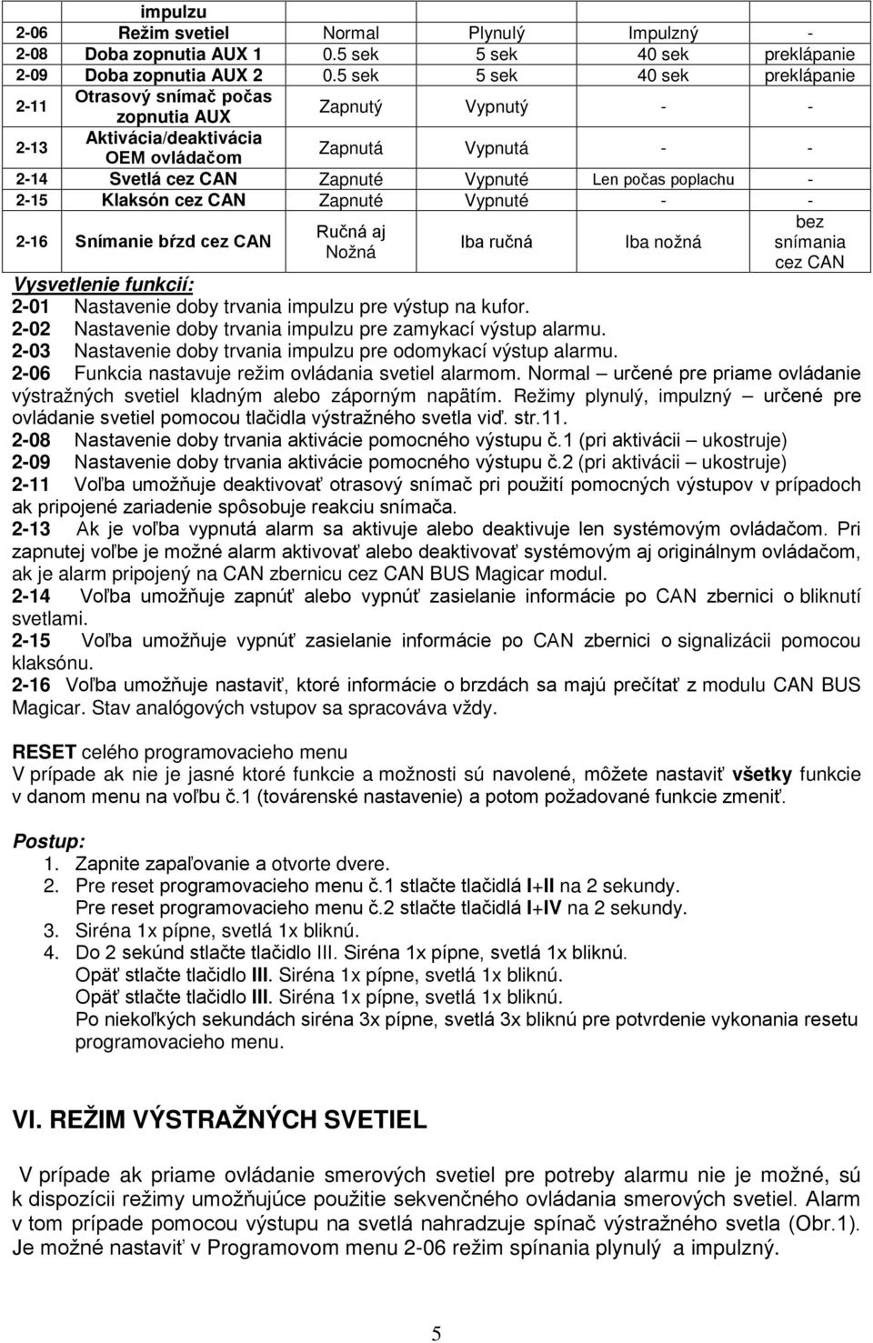 poplachu - 2-15 Klaksón cez CAN Zapnuté Vypnuté - - 2-16 Snímanie bŕzd cez CAN Ručná aj Nožná Iba ručná Iba nožná bez snímania cez CAN Vysvetlenie funkcií: 2-01 Nastavenie doby trvania impulzu pre