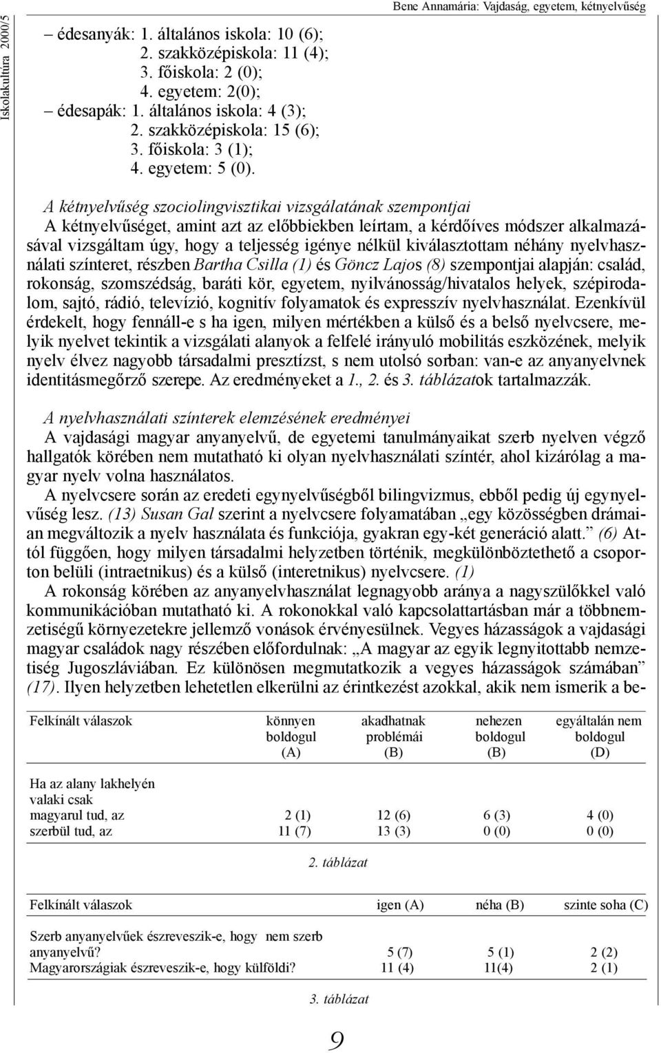 Bene Annamária: Vajdaság, egyetem, kétnyelvűség A kétnyelvűség szociolingvisztikai vizsgálatának szempontjai A kétnyelvűséget, amint azt az előbbiekben leírtam, a kérdőíves módszer alkalmazásával