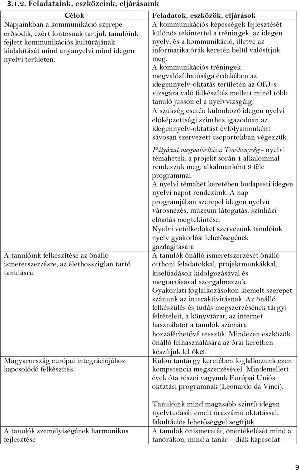 nyelvi területen. A tanulóink felkészítése az önálló ismeretszerzésre, az élethossziglan tartó tanulásra. Magyarország európai integrációjához kapcsolódó felkészítés.