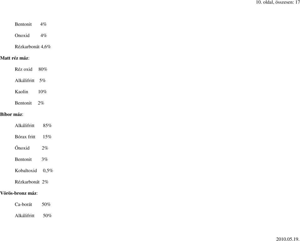 máz: Alkálifritt 85% Bórax fritt 15% Ónoxid 2% Bentonit 3%