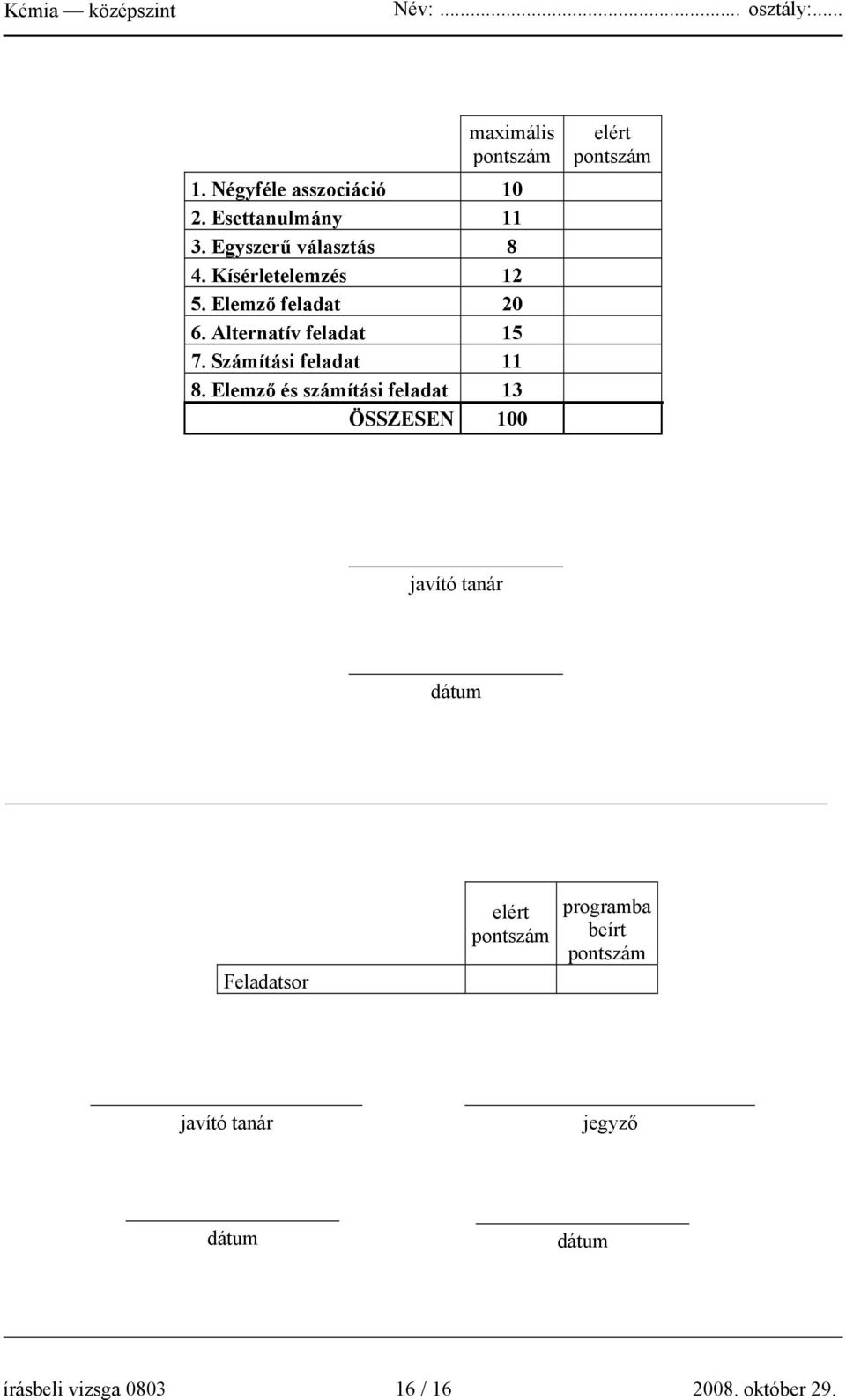 Elemző és számítási feladat 13 ÖSSZESEN 100 elért pontszám javító tanár dátum Feladatsor elért