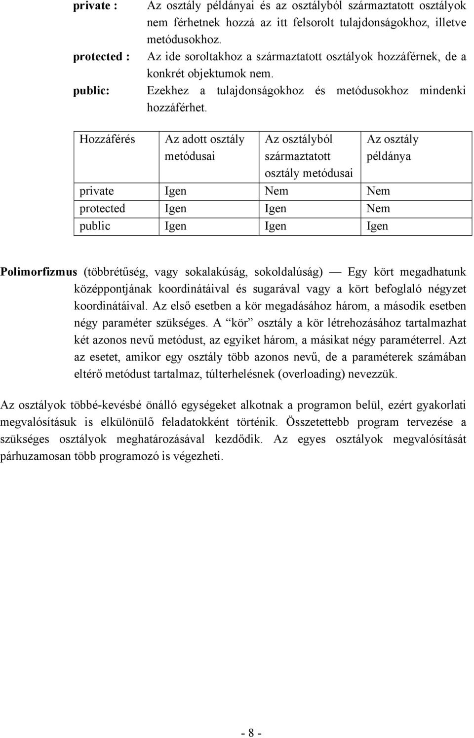 Hozzáférés Az adott osztály metódusai Az osztályból származtatott osztály metódusai Az osztály példánya private Igen Nem Nem protected Igen Igen Nem public Igen Igen Igen Polimorfizmus (többrétűség,