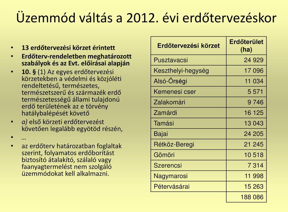 hatálybalépését követő a) első körzeti erdőtervezést követően legalább egyötöd részén, az erdőterv határozatban foglaltak szerint, folyamatos erdőborítást biztosító átalakító, szálaló vagy