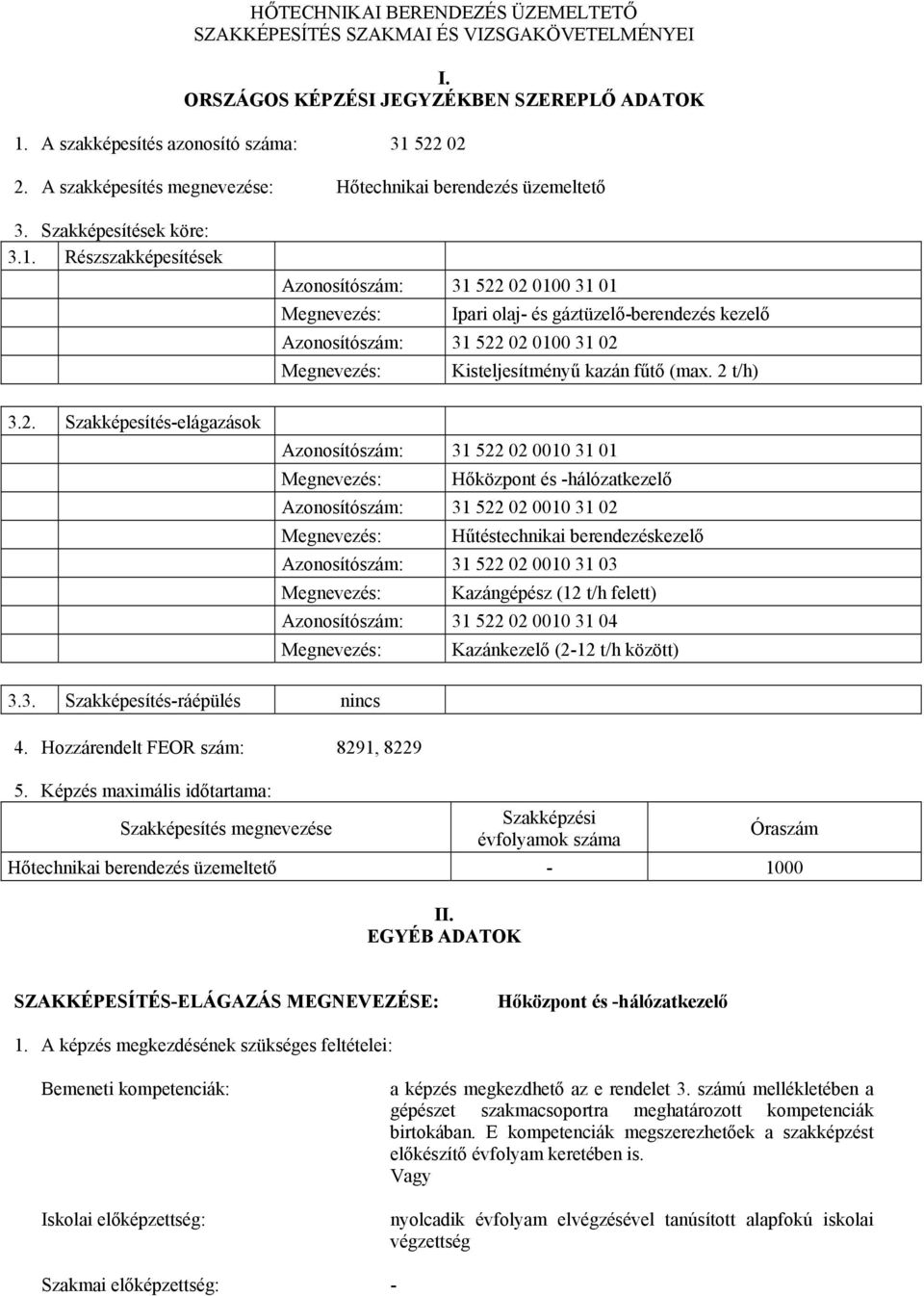 Részszakképesítések Azonosítószám: 31 522 02 0100 31 01 Megnevezés: Ipari olaj- és gáztüzelő-berendezés kezelő Azonosítószám: 31 522 02 0100 31 02 Megnevezés: Kisteljesítményű kazán fűtő (max.