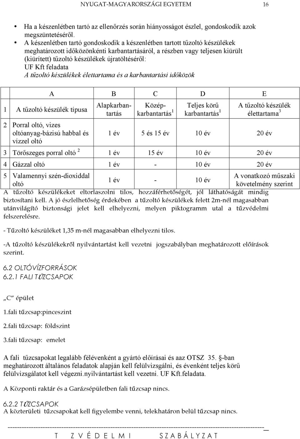 UF Kft feladata A tűzoltó készülékek élettartama és a karbantartási időközök 1 A tűzoltó készülék típusa 2 Porral oltó, vizes oltóanyag-bázisú habbal és vízzel oltó A B C D E Alapkarbantartás