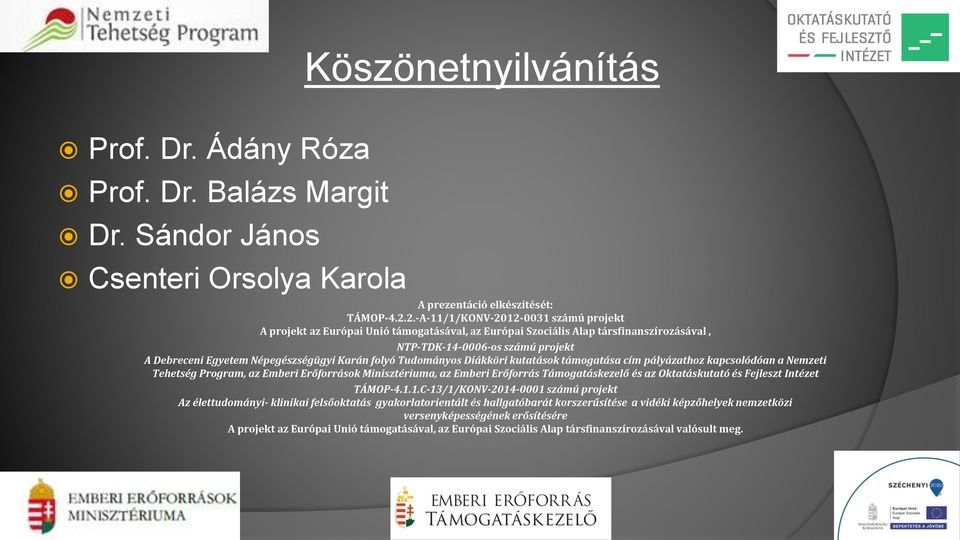 Karán folyó Tudományos Diákköri kutatások támogatása cím pályázathoz kapcsolódóan a Nemzeti Tehetség Program, az Emberi Erőforrások Minisztériuma, az Emberi Erőforrás Támogatáskezelő és az