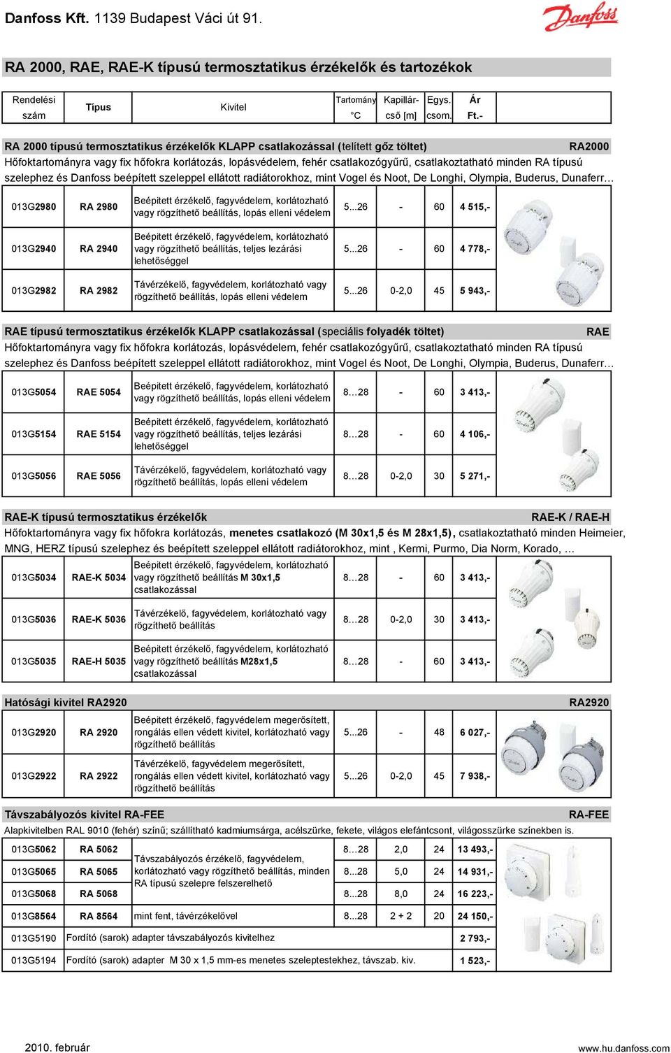 RA típusú szelephez és Danfoss beépített szeleppel ellátott radiátorokhoz, mint Vogel és Noot, De Longhi, Olympia, Buderus, Dunaferr 013G2980 RA 2980 013G2940 RA 2940 013G2982 RA 2982 Beépitett