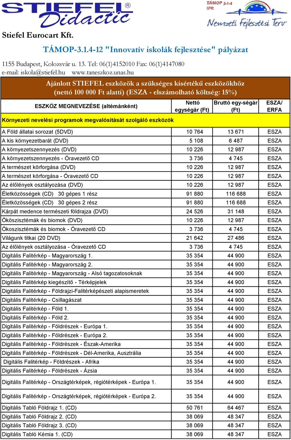 megvalósítását szolgáló eszközök Nettó egységár Bruttó egy-ségár ESZA/ ERFA A Föld állatai sorozat (5DVD) 10 764 13 671 ESZA A kis környezetbarát (DVD) 5 108 6 487 ESZA A környezetszennyezés (DVD) 10