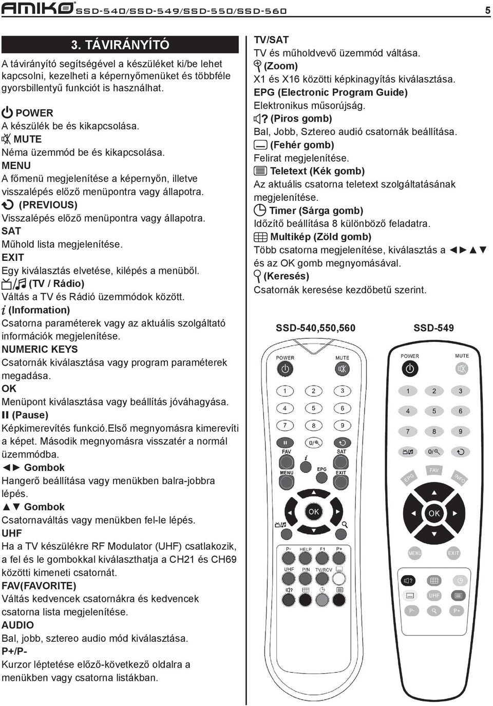 (PREVIOUS) Visszalépés előző menüpontra vagy állapotra. SAT Műhold lista megjelenítése. EXIT Egy kiválasztás elvetése, kilépés a menüből. (TV / Rádio) Váltás a TV és Rádió üzemmódok között.