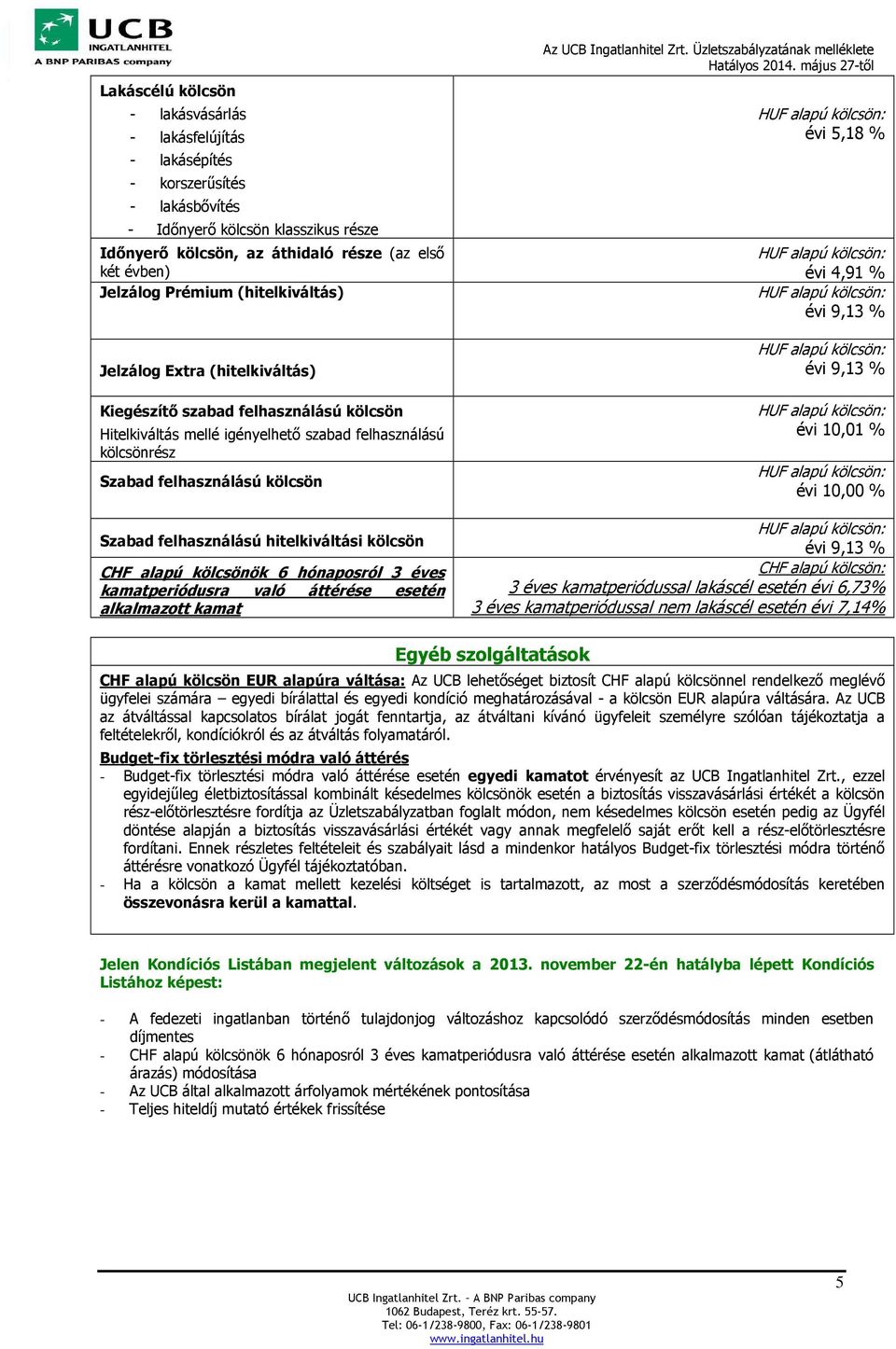 felhasználású hitelkiváltási kölcsön CHF alapú kölcsönök 6 hónaposról 3 éves kamatperiódusra való áttérése esetén alkalmazott kamat évi 5,18 % évi 4,91 % évi 10,01 % évi 10,00 % CHF alapú kölcsön: 3