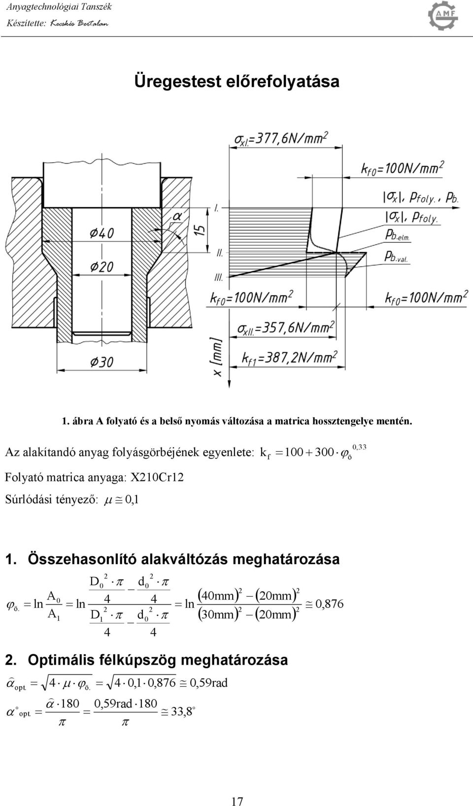 Az alaítanó anyag folyásgörbéjéne egyenlete: Folyató matrica anyaga: XCr Súrlóási tényező:, f,