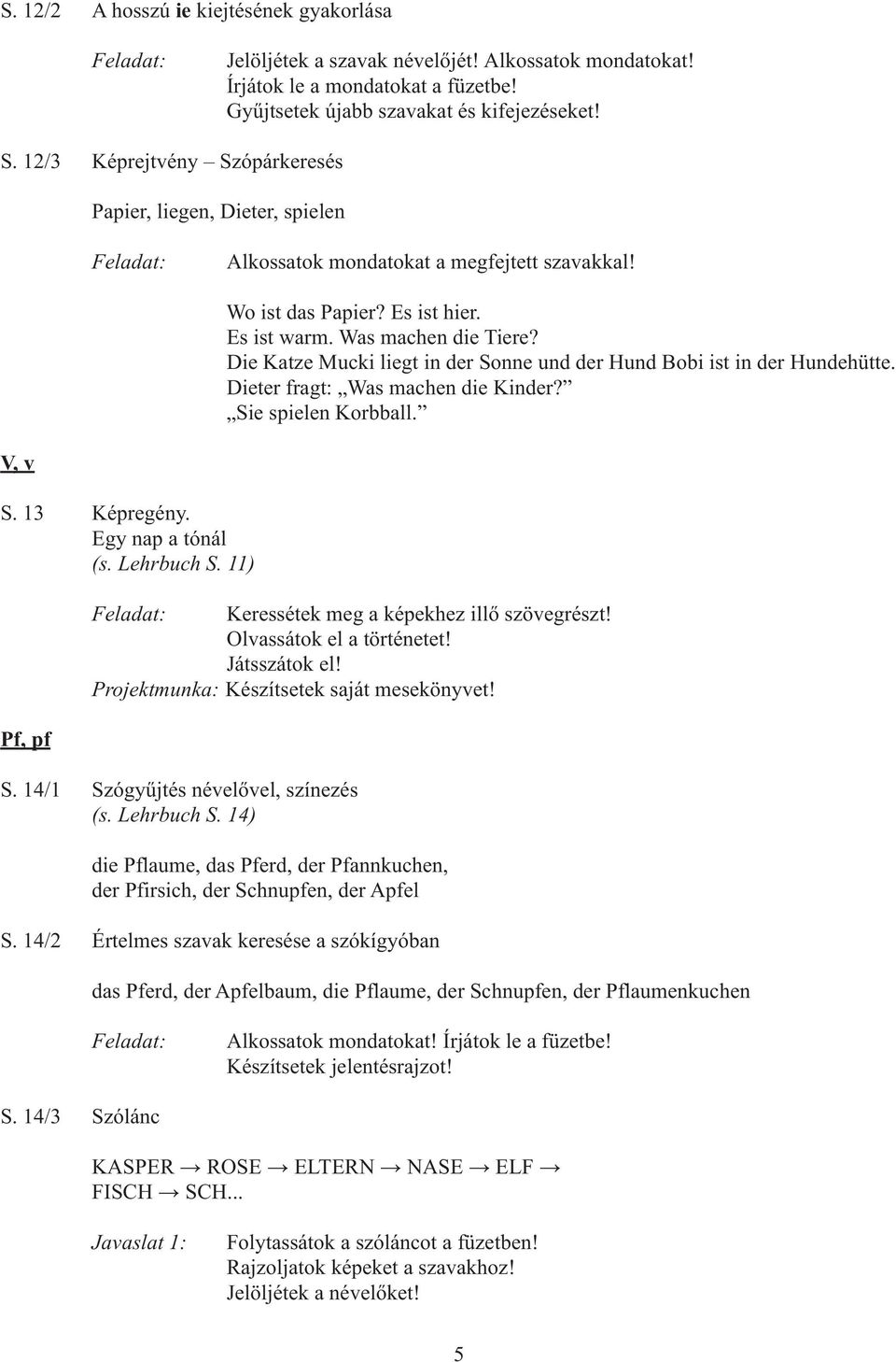 Die Katze Mucki liegt in der Sonne und der Hund Bobi ist in der Hundehütte. Dieter fragt: Was machen die Kinder? Sie spielen Korbball. V, v S. 13 Képregény. Egy nap a tónál (s. Lehrbuch S.