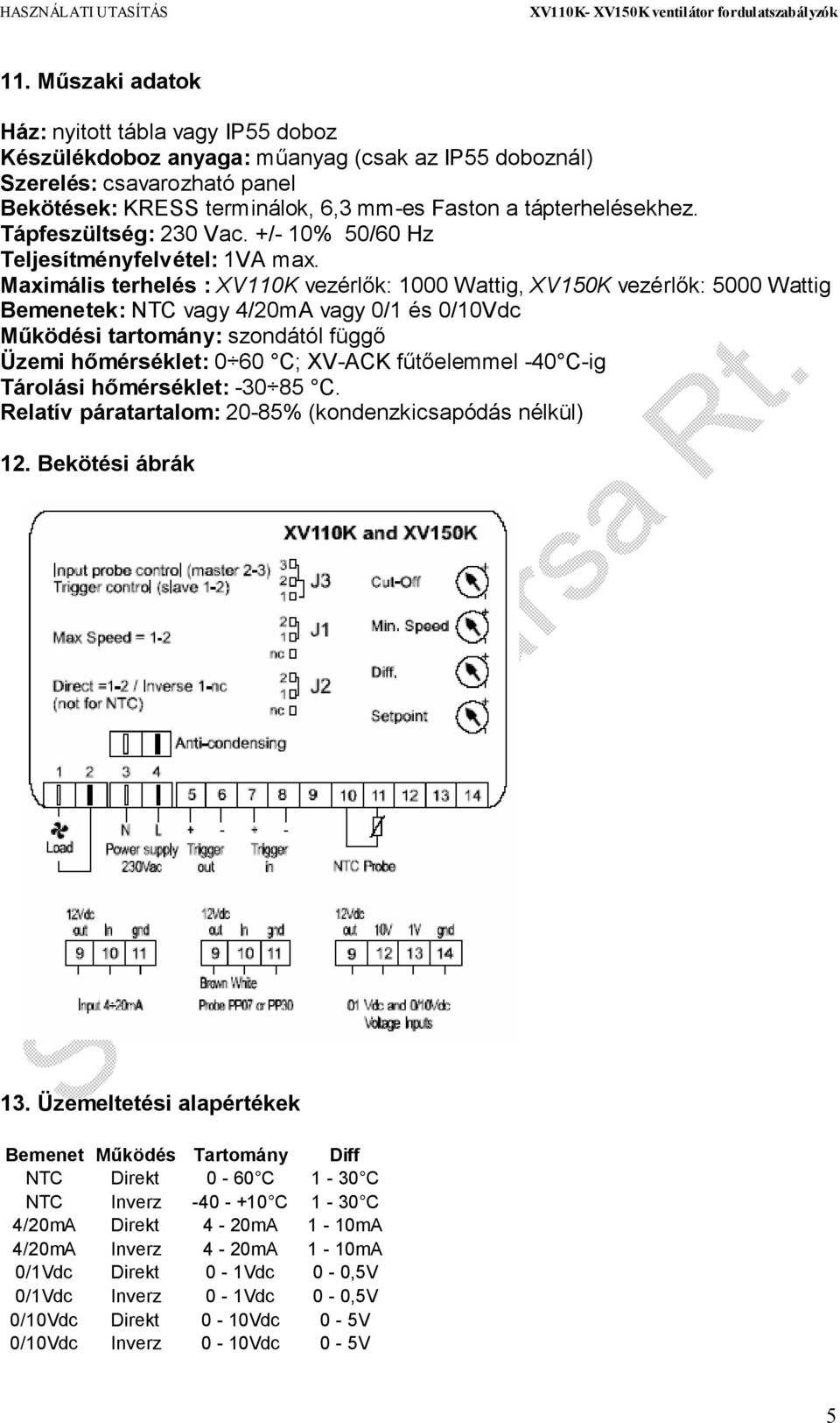 Maximális terhelés : XV110K vezérlők: 1000 Wattig, XV150K vezérlők: 5000 Wattig Bemenetek: NTC vagy 4/20mA vagy 0/1 és 0/10Vdc Működési tartomány: szondától függő Üzemi hőmérséklet: 0 60 C; XV-ACK