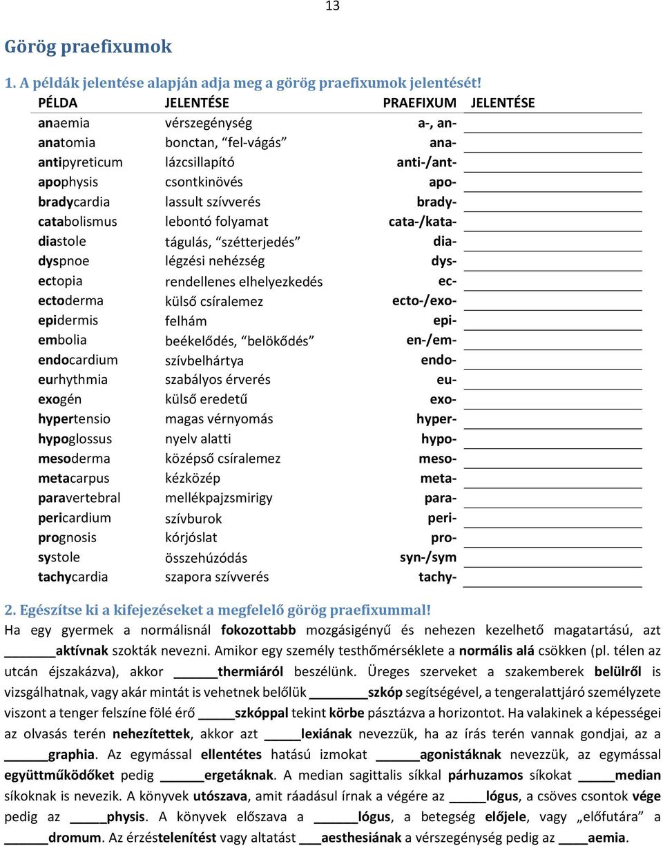 bradycatabolismus lebontó folyamat cata-/katadiastole tágulás, szétterjedés diadyspnoe légzési nehézség dysectopia rendellenes elhelyezkedés ecectoderma külső csíralemez ecto-/exoepidermis felhám