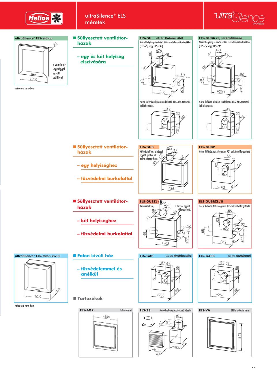 egy és két helyiség elszívására méretek mm-ben Hátsó kifúvás a külön rendelendõ ES-ARS tartozékkal lehetséges. Hátsó kifúvás a külön rendelendõ ES-ARS tartozékkal lehetséges. Süllyesztett ventilátorházak ES-GUB Kifúvás felfelé, a házzal együtt jobbra ill.