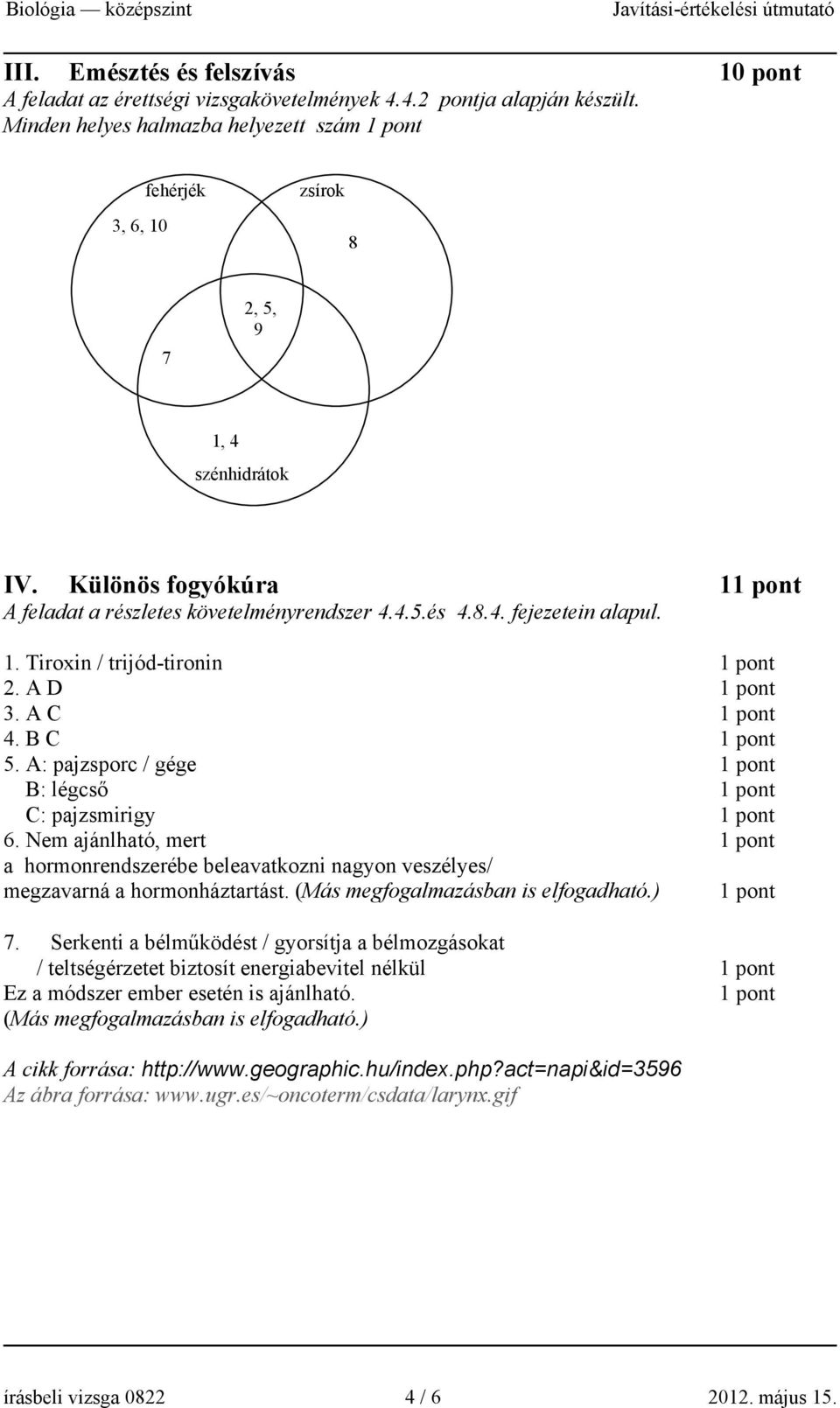 1. Tiroxin / trijód-tironin 1 pont 2. A D 1 pont 3. A C 1 pont 4. B C 1 pont 5. A: pajzsporc / gége 1 pont B: légcső 1 pont C: pajzsmirigy 1 pont 6.