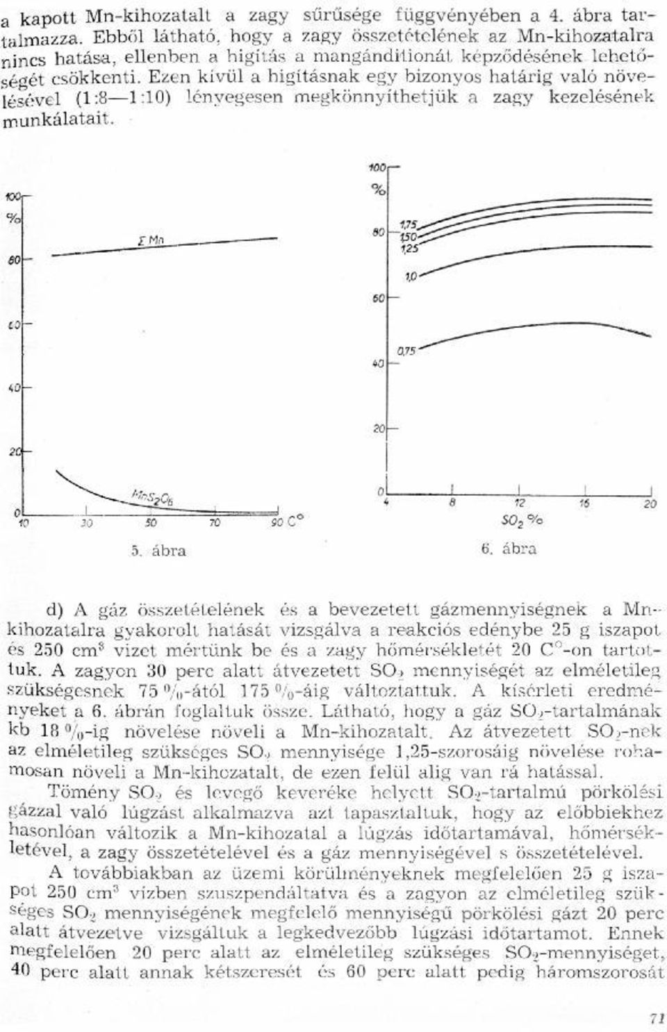 60-40- 40'- 20-20_ / o l l 705205 a a 12 ' ab NO J 0 I 10 23 50 70 90 CO 502 % 5_ ábra 6 ábra d) A gáz összetételének és a bevezetett gázmennyiségnek a Mn-- kihozatalra gyakorolt hatását vizsgálva a