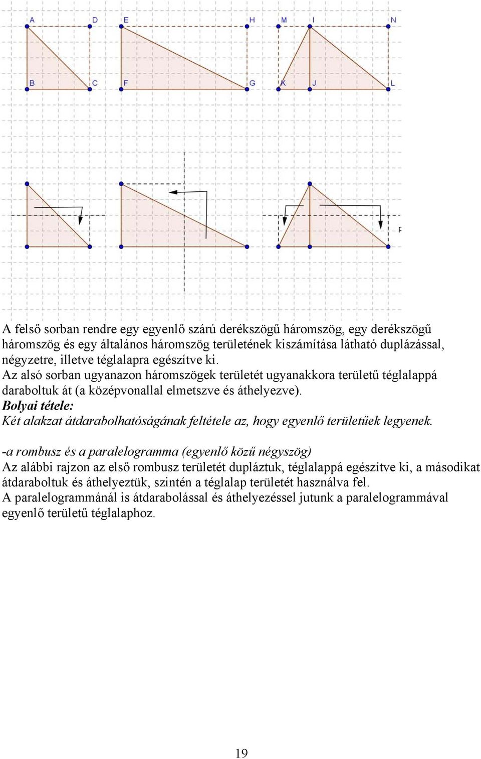 Bolyai tétele: Két alakzat átdarabolhatóságának feltétele az, hogy egyenlő területűek legyenek.