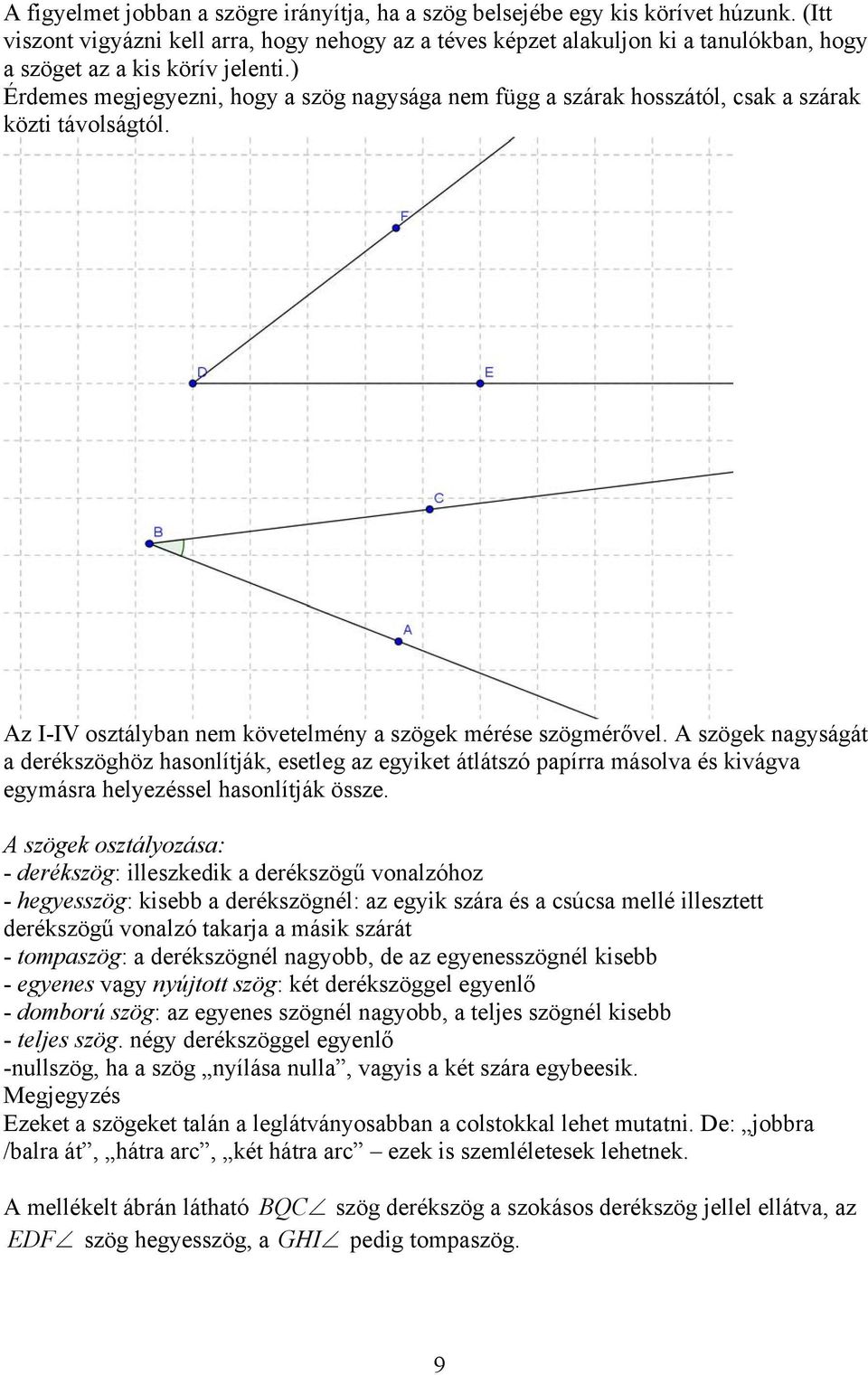 ) Érdemes megjegyezni, hogy a szög nagysága nem függ a szárak hosszától, csak a szárak közti távolságtól. Az I-IV osztályban nem követelmény a szögek mérése szögmérővel.