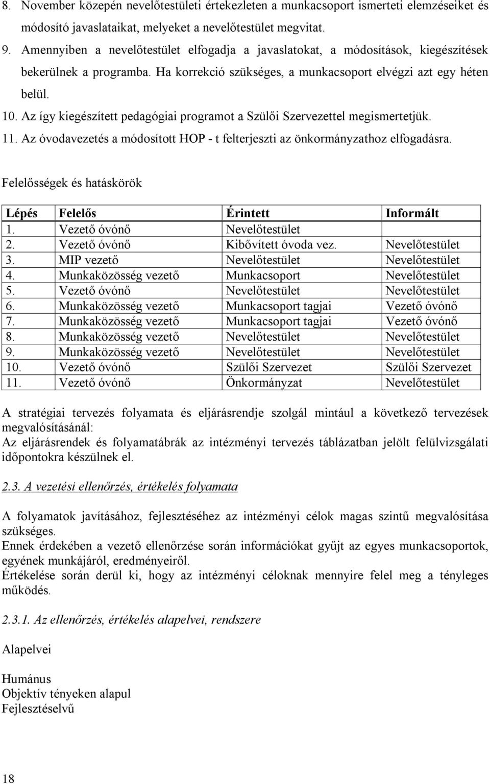 Az így kiegészített pedagógiai programot a Szülői Szervezettel megismertetjük. 11. Az óvodavezetés a módosított HOP - t felterjeszti az önkormányzathoz elfogadásra.