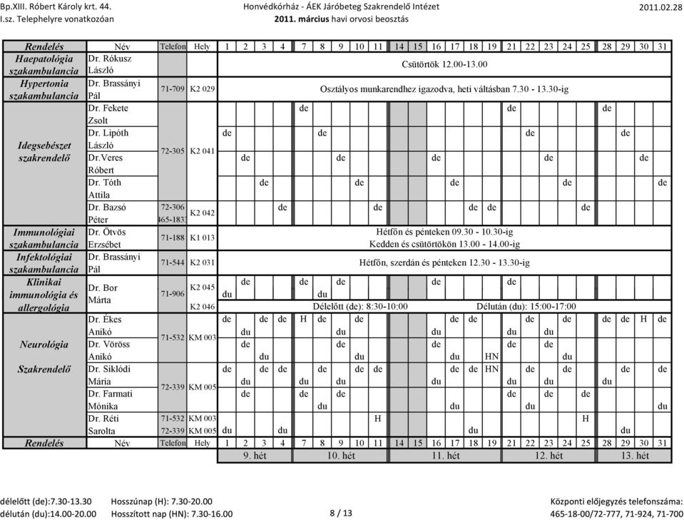 Bazsó 72-306 de de de de de K2 042 Péter 465-1833 Immunológiai Dr. Ötvös Hétfőn és pénteken 09.30-10.30-ig 71-188 K1 013 szakambulancia Erzsébet Kedden és csütörtökön 13.00-14.00-ig Infektológiai Dr.