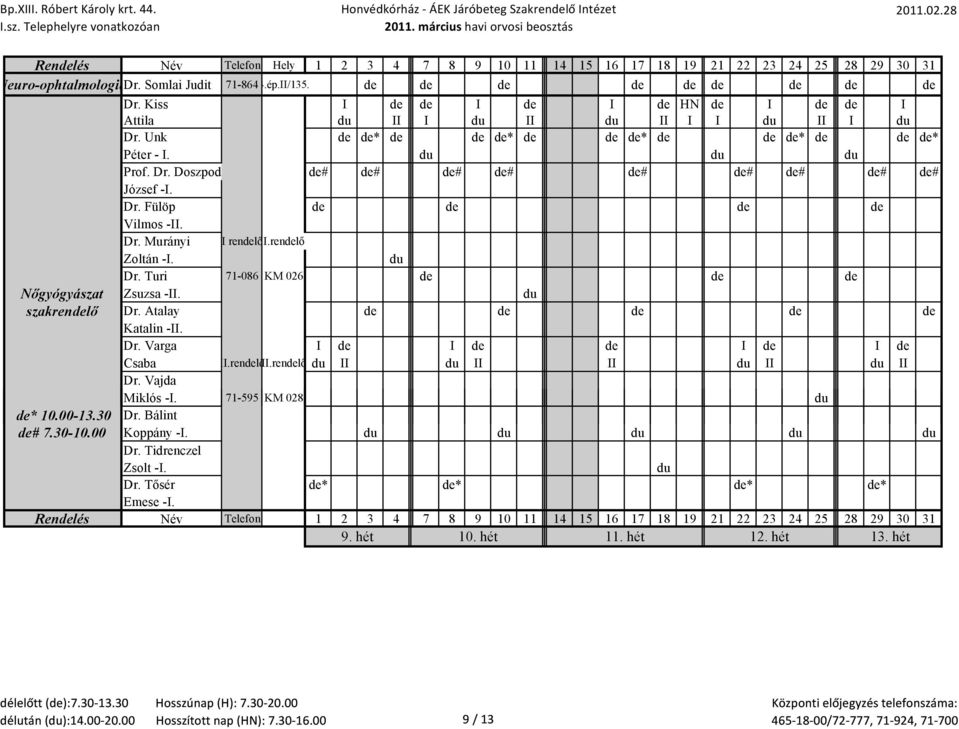 rendelő Zoltán -I. du Dr. Turi 71-086 KM 026 de de de Nőgyógyászat Zsuzsa -II. du szakrendelő Dr. Atalay de de de de de Katalin -II. Dr. Varga I de I de de I de I de Csaba II.rendelőII.