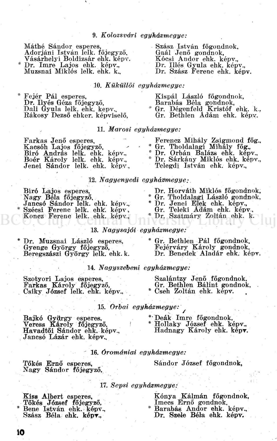 Marosi egyházmegye: Szász István főgondnok, Gaál Jenő gondnok, Kocsi Andor ehk. képv., Dr. Illés Gyula ehk. képv., Dr. Szász Ferenc ehk. képv. Kispál László főgondnok, Barabás Béla gondnok, * Gr.