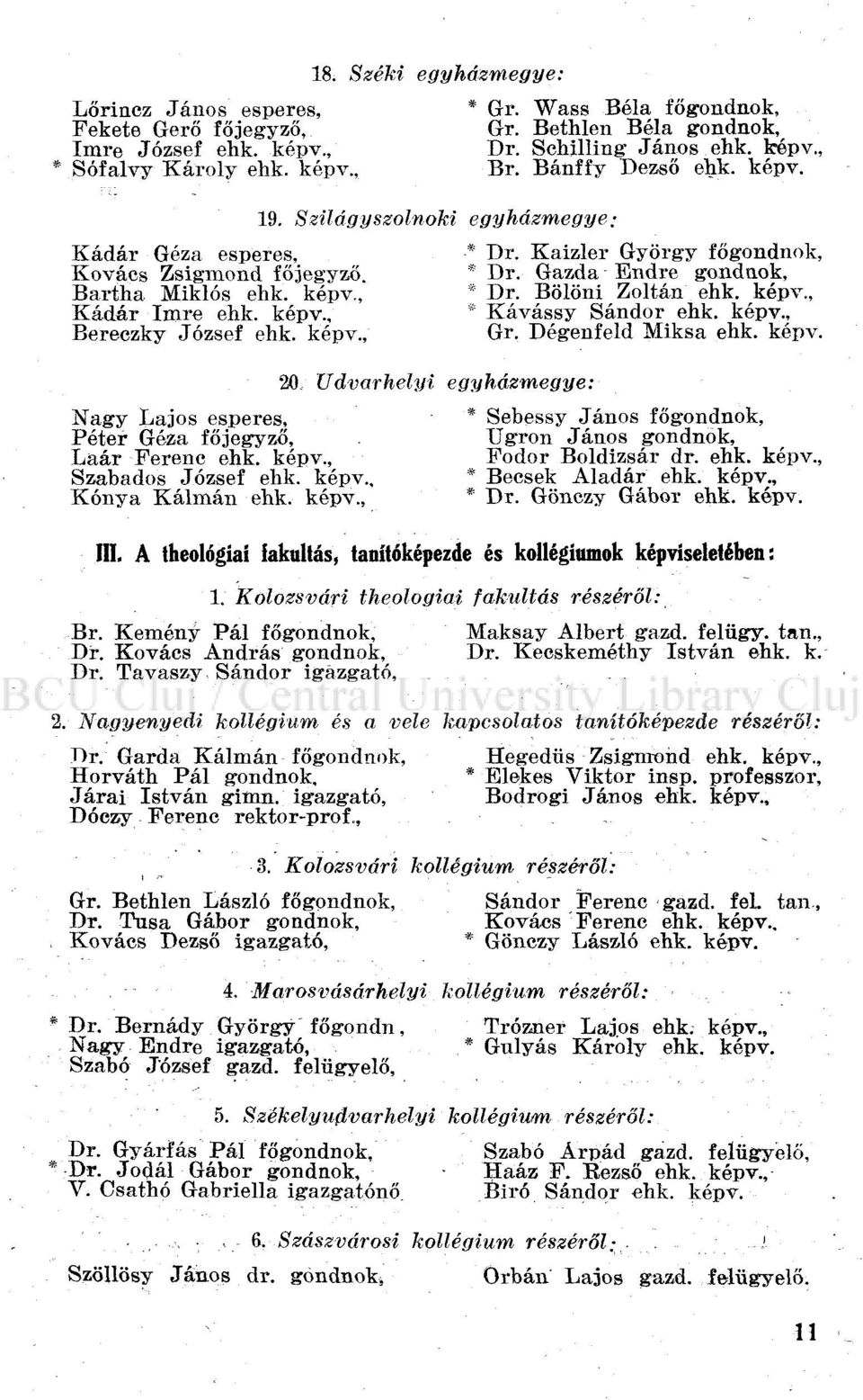 képv., Kádár Imre ehk. képv., * Kávássy Sándor ehk. képv., Bereczky József ehk. képv., Gr. Dégenfeld Miksa ehk. képv. 20 Udvarhelyi egyházmegye: Nagy Lajos esperes, * Sebessy János főgondnok, Péter Géza főjegyző,.