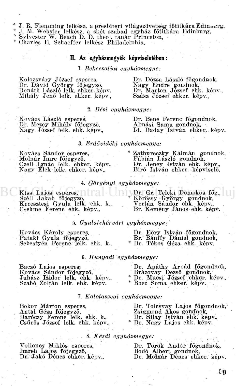 Mezey Mihály főjegyző, Nagy József leik. ehk. képv., Kovács Sándor esperes, Molnár Imre főjegyző, Czell Ignác leik. ehker. képv., Nagy Elek leik. ehker. képv., Kiss Lajos esperes, Széli Jakab főjegyző, Keresztesi Gyula leik.