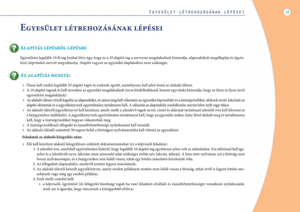 Az alapítás menete: Össze kell szedni legalább 10 alapító tagot és ezeknek együtt, személyesen kell jelen lenni az alakuló ülésen A 10 alapító tagnak ki kell mondani az egyesület megalakulását (nem