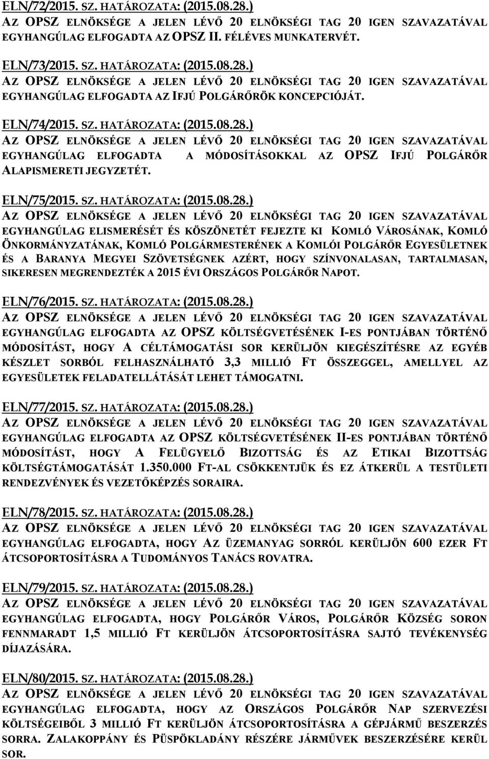 ) EGYHANGÚLAG ELFOGADTA A MÓDOSÍTÁSOKKAL AZ OPSZ IFJÚ POLGÁRŐR ALAPISMERETI JEGYZETÉT. ELN/75/2015. SZ. HATÁROZATA: (2015.08.28.