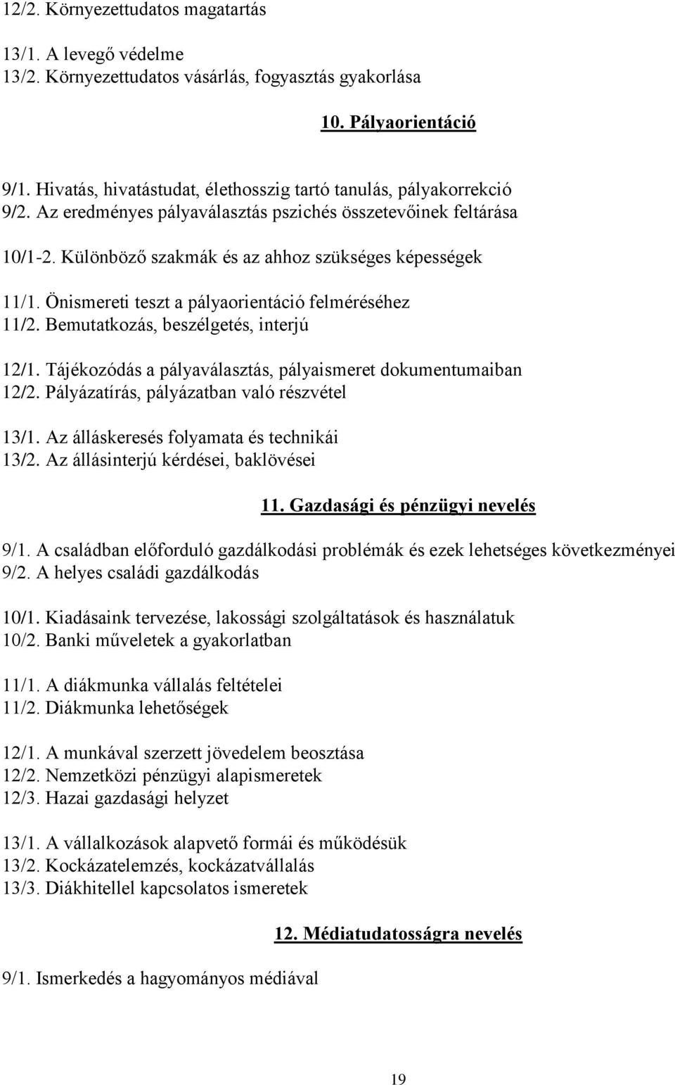 Önismereti teszt a pályaorientáció felméréséhez 11/2. Bemutatkozás, beszélgetés, interjú 12/1. Tájékozódás a pályaválasztás, pályaismeret dokumentumaiban 12/2.