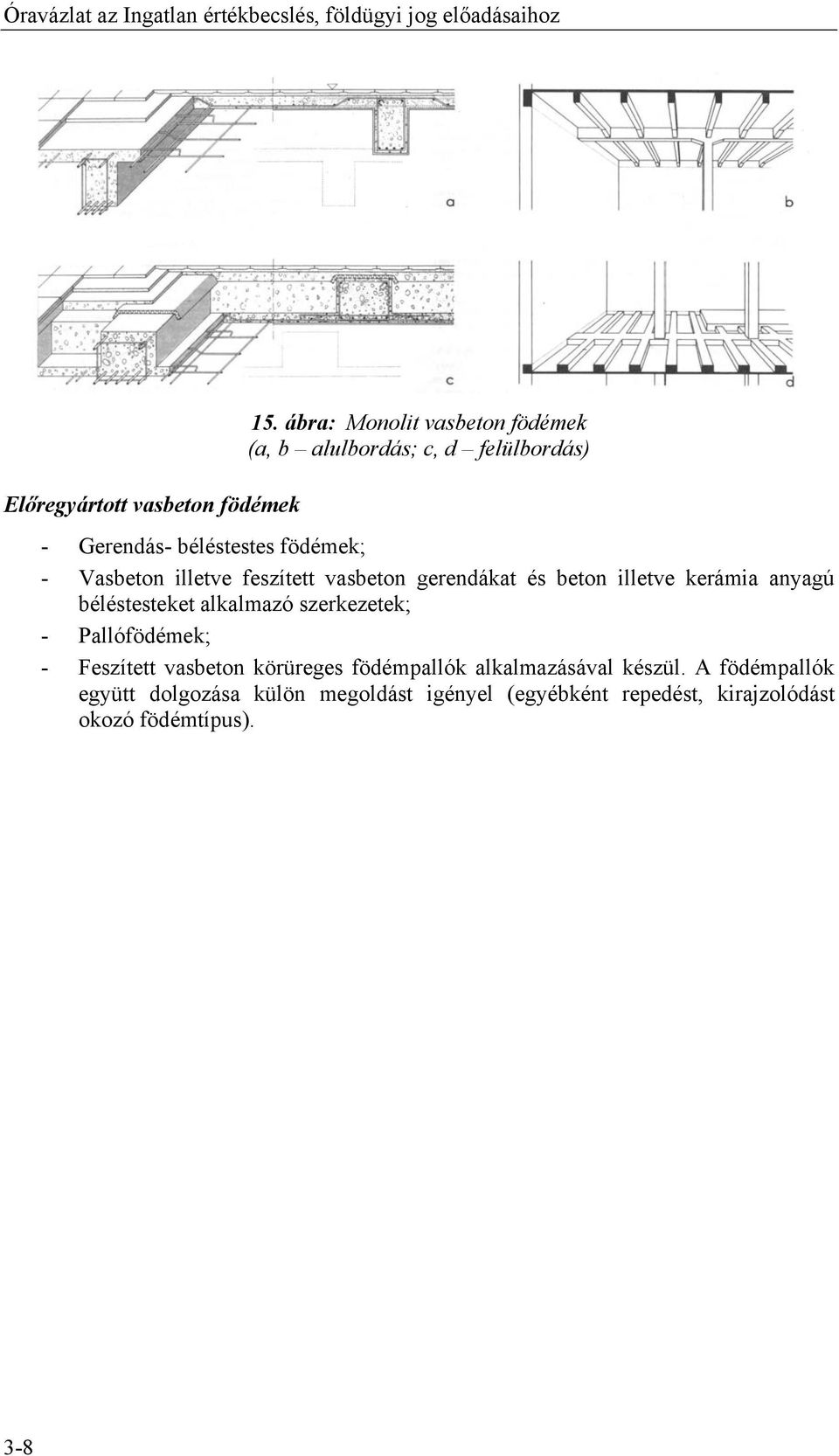 feszített vasbeton gerendákat és beton illetve kerámia anyagú béléstesteket alkalmazó szerkezetek; - Pallófödémek; - Feszített