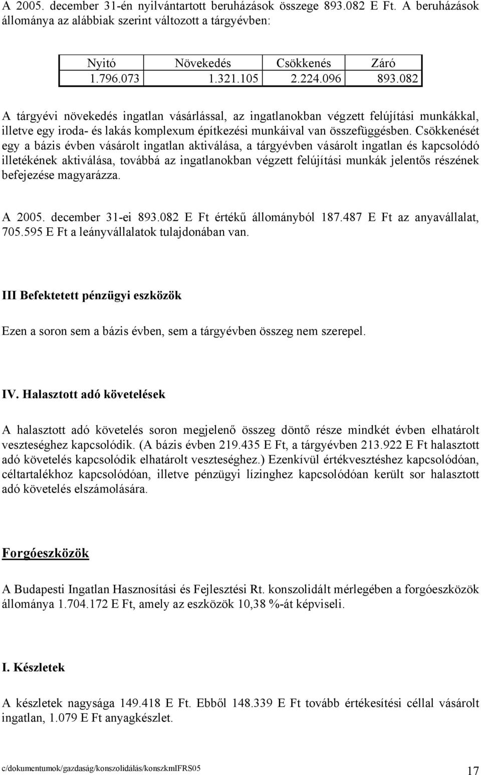 Csökkenését egy a bázis évben vásárolt ingatlan aktiválása, a tárgyévben vásárolt ingatlan és kapcsolódó illetékének aktiválása, továbbá az ingatlanokban végzett felújítási munkák jelentős részének