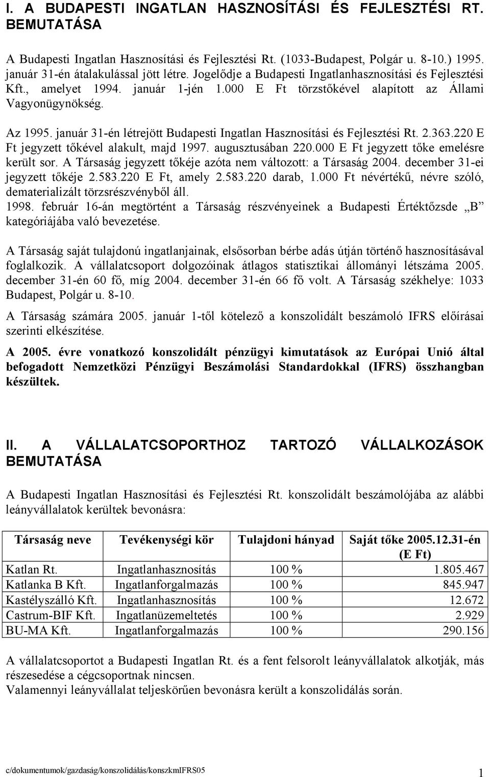 január 31-én létrejött Budapesti Ingatlan Hasznosítási és Fejlesztési Rt. 2.363.220 E Ft jegyzett tőkével alakult, majd 1997. augusztusában 220.000 E Ft jegyzett tőke emelésre került sor.