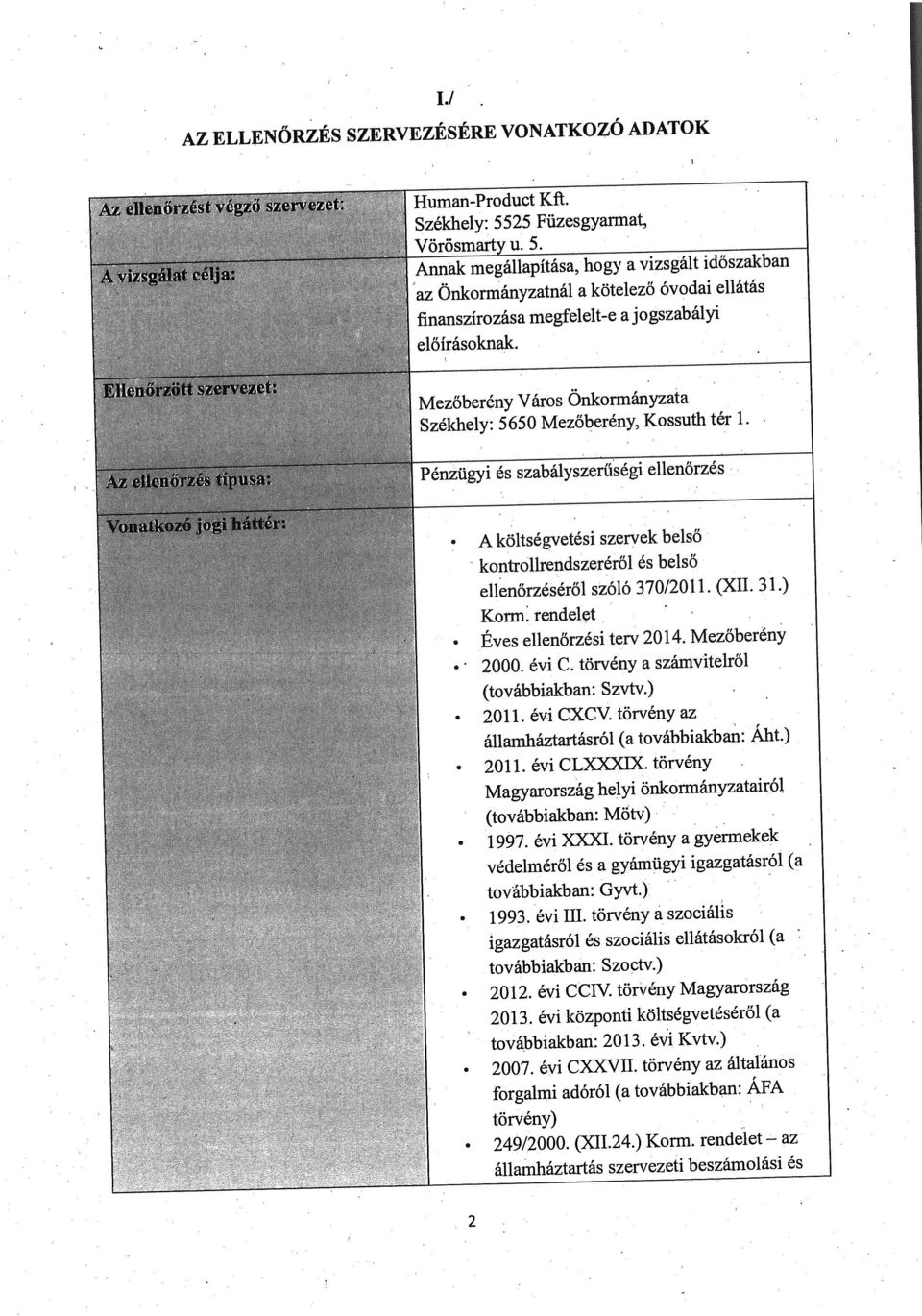 Péiizügyi és szabályszerűégi ellenőrzés A költségvetési szervek belső kontrolirendszeréről és belső ellenőrzéséről szóló 370/2011. (XII. 31.) Korm: rendelet Éves ellenőrzési terv 2014.