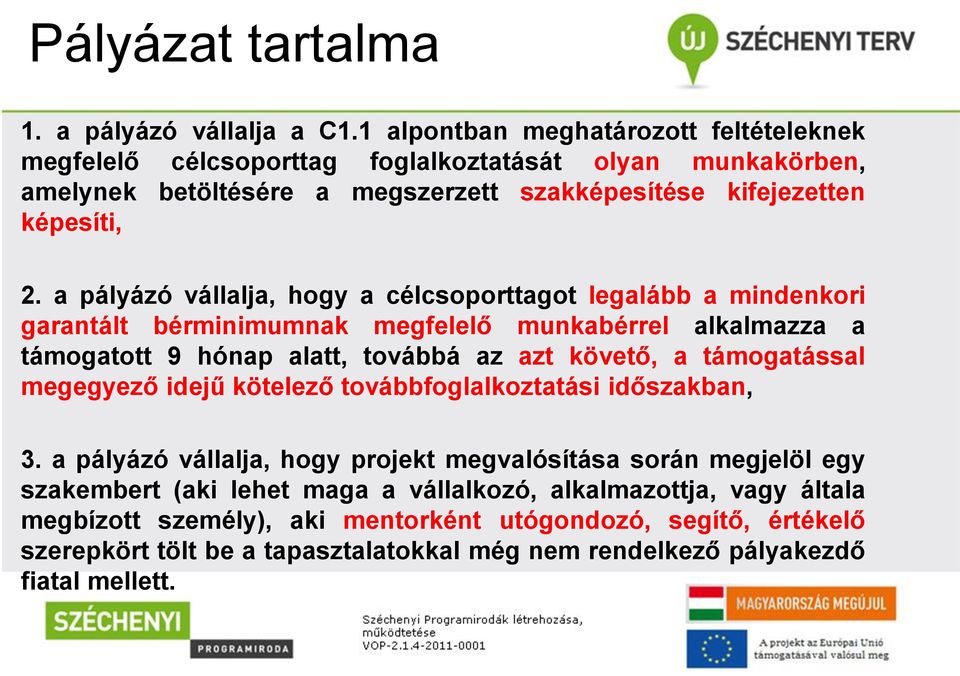 a pályázó vállalja, hogy a célcsoporttagot legalább a mindenkori garantált bérminimumnak megfelelő munkabérrel alkalmazza a támogatott 9 hónap alatt, továbbá az azt követő, a támogatással