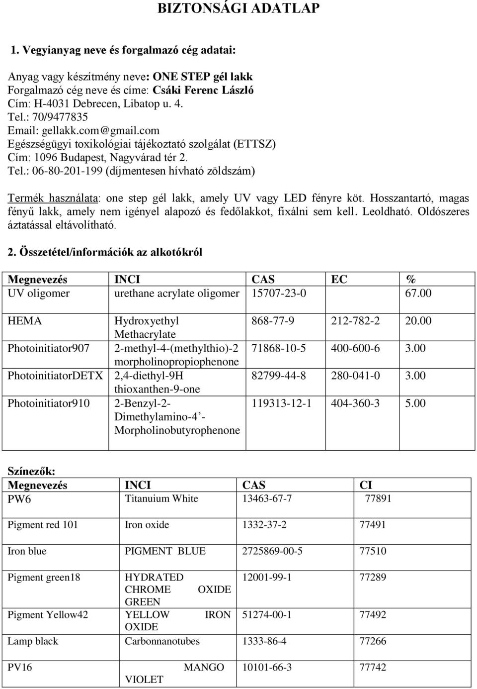 : 06-80-201-199 (díjmentesen hívható zöldszám) Termék használata: one step gél lakk, amely UV vagy LED fényre köt.