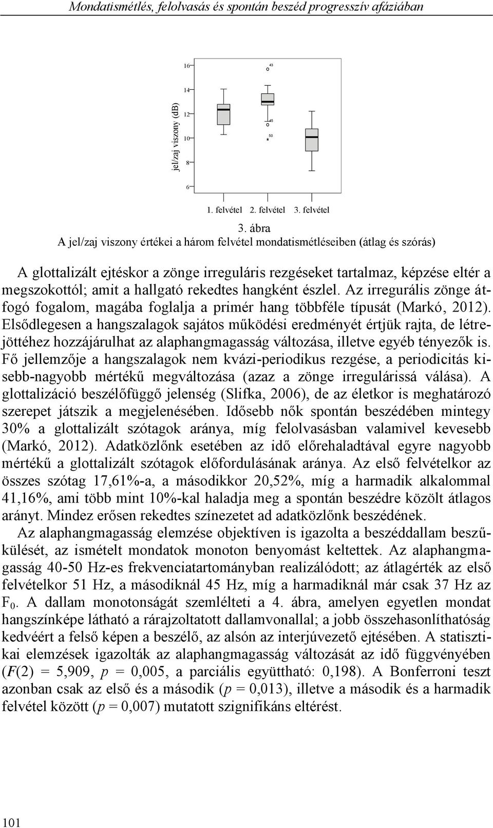 ábra A jel/zaj viszony értékei a három felvétel mondatismétléseiben (átlag és szórás) A glottalizált ejtéskor a zönge irreguláris rezgéseket tartalmaz, képzése eltér a megszokottól;; amit a hallgató