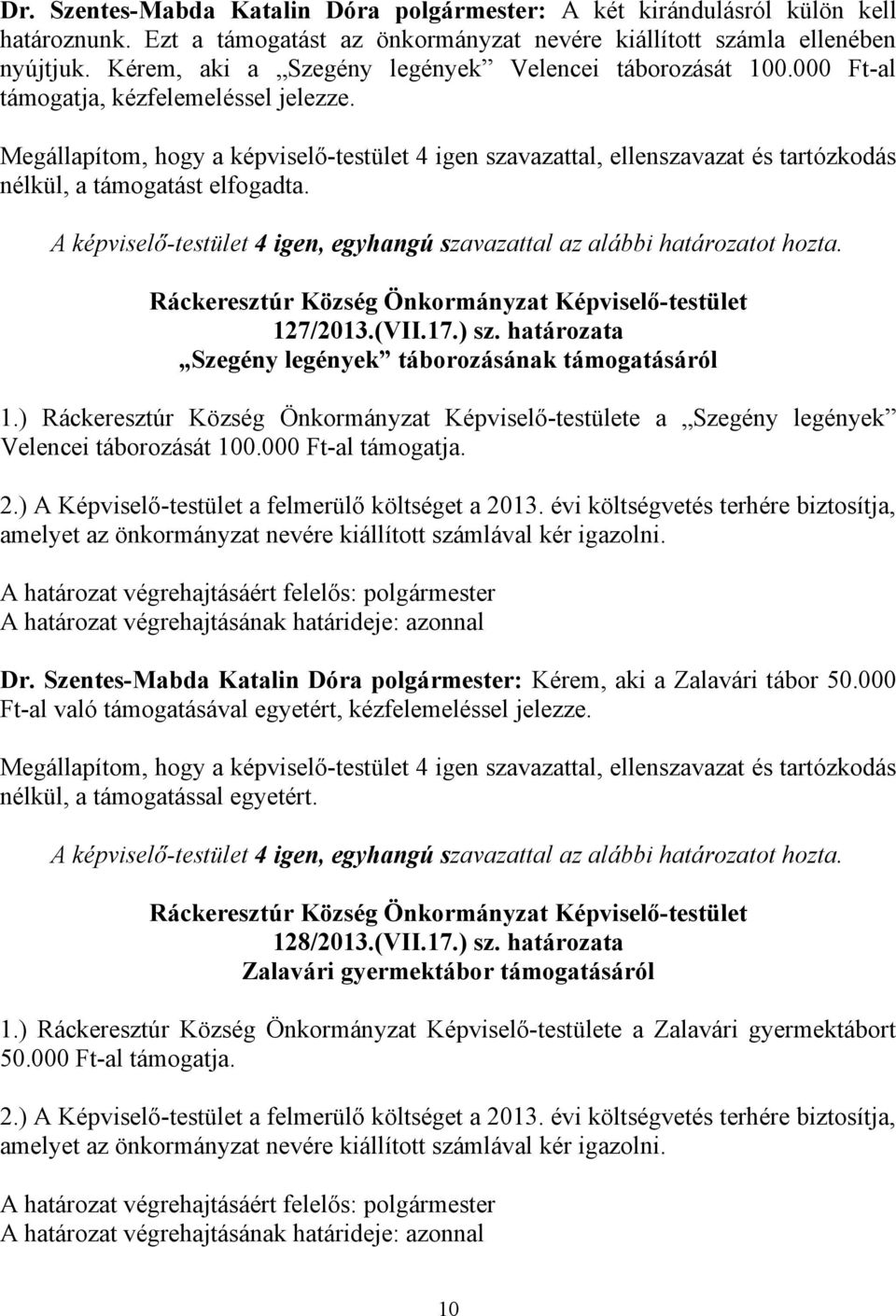 A képviselő-testület 4 igen, egyhangú szavazattal az alábbi határozatot hozta. 127/2013.(VII.17.) sz. határozata Szegény legények táborozásának támogatásáról 1.