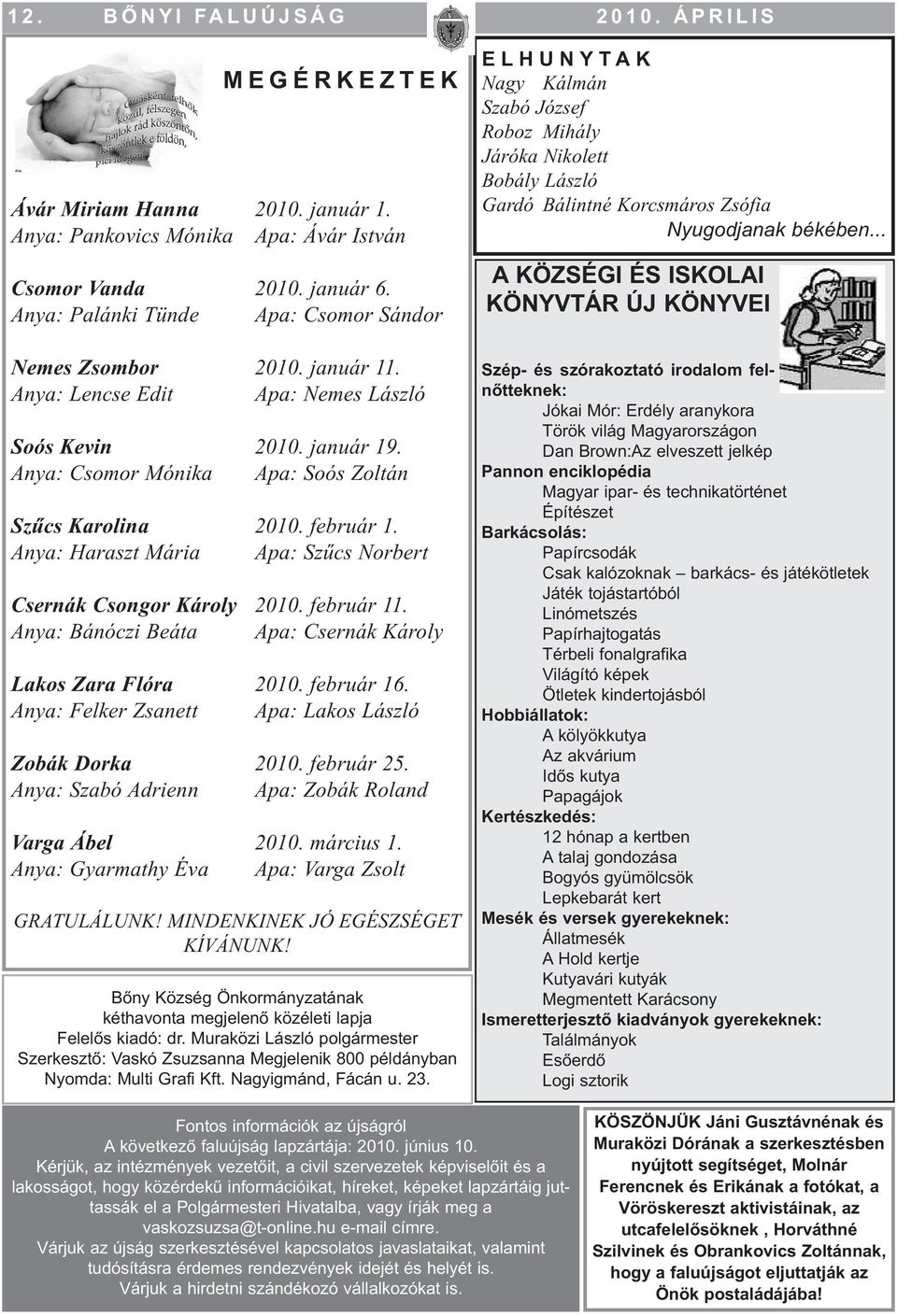 február 1. Anya: Haraszt Mária Apa: Szűcs Norbert Csernák Csongor Károly 2010. február 11. Anya: Bánóczi Beáta Apa: Csernák Károly Lakos Zara Flóra 2010. február 16.
