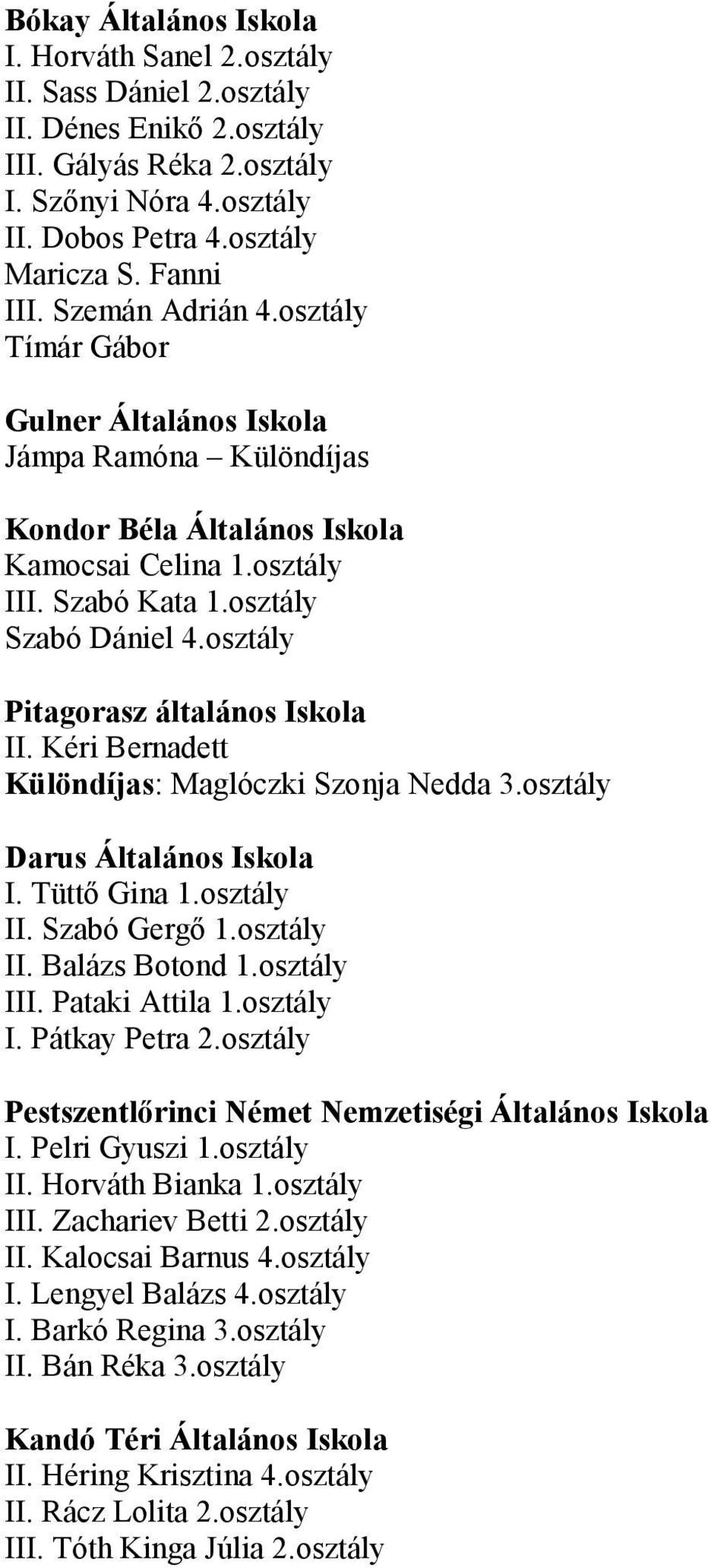 Kéri Bernadett Különdíjas: Maglóczki Szonja Nedda 3.osztály Darus Általános I. Tüttő Gina 1.osztály II. Szabó Gergő 1.osztály II. Balázs Botond 1.osztály III. Pataki Attila 1.osztály I. Pátkay Petra 2.