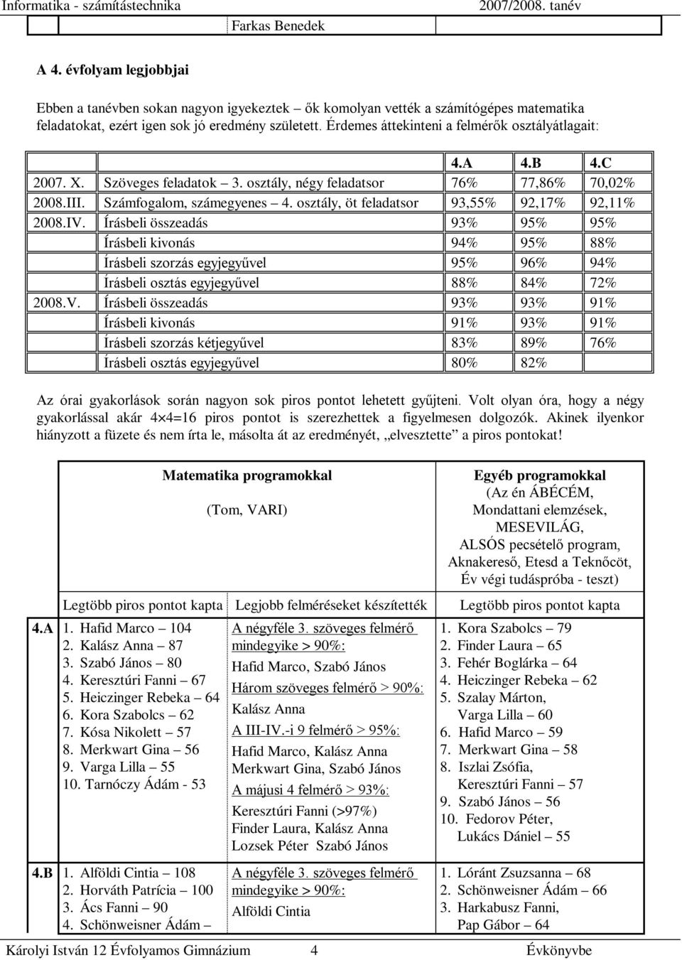 osztály, öt feladatsor 93,55% 92,17% 92,11% 2008.IV. Írásbeli összeadás 93% 95% 95% Írásbeli kivonás 94% 95% 88% Írásbeli szorzás egyjegyűvel 95% 96% 94% Írásbeli osztás egyjegyűvel 88% 84% 72% 2008.