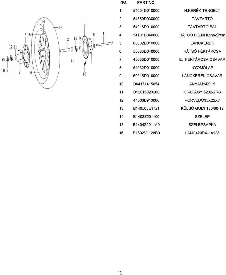 LÁNCKERÉK 6 55033D040000 HÁTSÓ FÉKTÁRCSA 7 45036D010000 E, FÉKTÁRCSA CSAVAR 8 54032D010000 NYOMÓLAP 9 60015D010000
